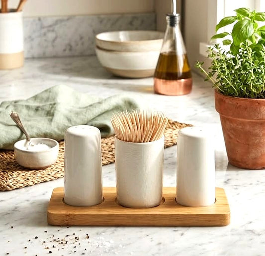 Porcelain Salt Pepper & Holder Set